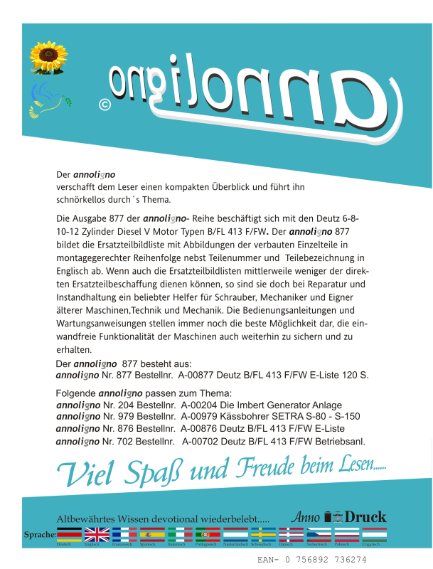 Deutz Diesel V-Motor Serie B/FL 413 F/FW 6-12 Zylinder 1980 Ersatzteilliste & Explosionszeichnungen ENGLISCH - annoligno 877